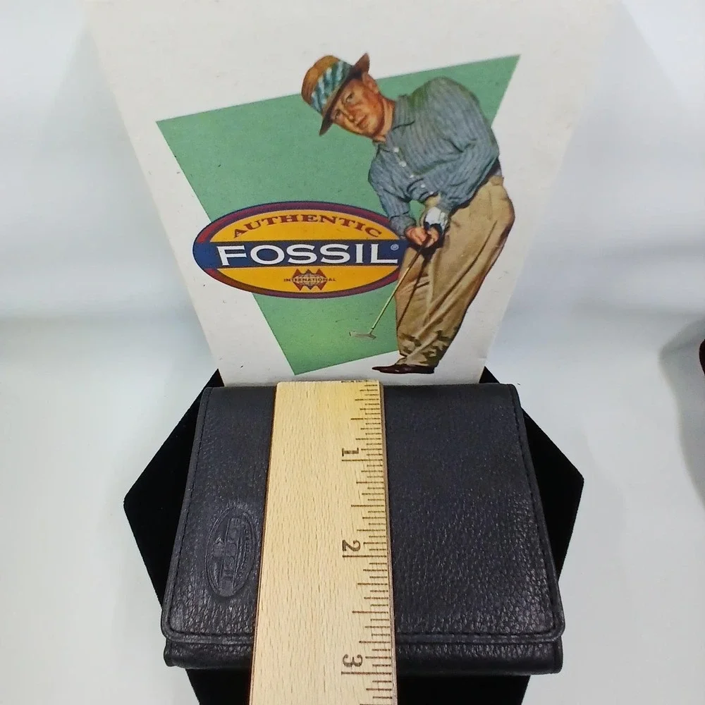 Fossil‎ Leather Wallet Mens One Size Black Trifold Golf Theme Boxed Logo